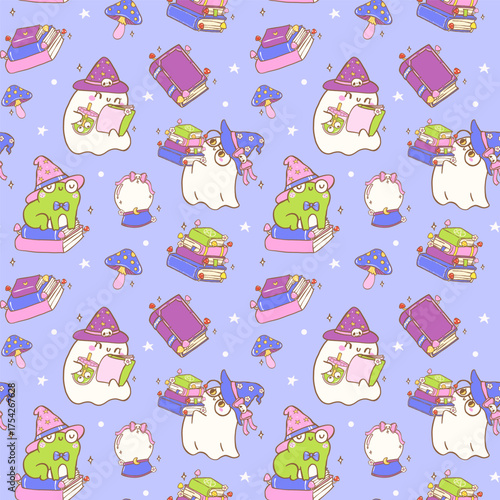 Cute Halloween Bookish Seamless Pattern Spooky Ghost Witch Reading Cartoon Hand Drawn Repeat Background