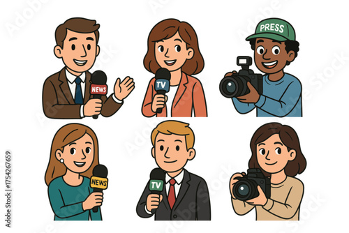 Journalists reporting news in a lively media environment. Set of 6 vector illustration
