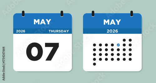 May 7 2026 (Thursday) Calendar Vector Illustration. Day calendar page with date May 07. Week Starts on Sunday. Checklist day calendar. Modern Flat Calendar template icon.