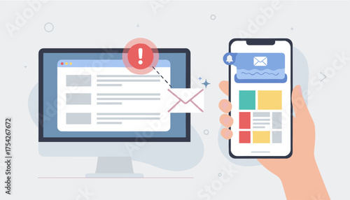 Modern digital communication concept with a computer screen displaying an inbox with new email notifications and an exclamation mark alert, alongside a hand holding a smartphone showing a message