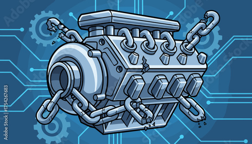 Stylized illustration of a metallic car engine component, possibly a V6 or V8, with broken chains wrapped around it, set against a blue circuit board background with gears, symbolizing mechanical
