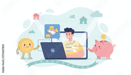 Vibrant illustration of a man using a laptop for online personal loans and financial concepts, featuring a friendly coin character, a piggy bank, and currency symbols, symbolizing savings