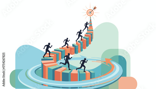 Silhouettes of people running up a staircase made of colorful columns towards a target with an arrow, symbolizing success, ambition, and achieving goals in a business or competitive environment.