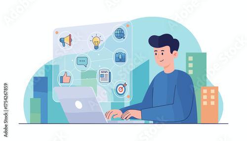 Modern flat illustration of a person working on a laptop, surrounded by digital marketing icons like a megaphone, lightbulb, globe, chat bubble, thumbs up, news, camera, and target, symbolizing