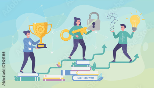 Conceptual illustration of self-growth and problem-solving journey, featuring characters ascending stairs made of books, holding symbols of success, keys, locks, and ideas, representing progress and