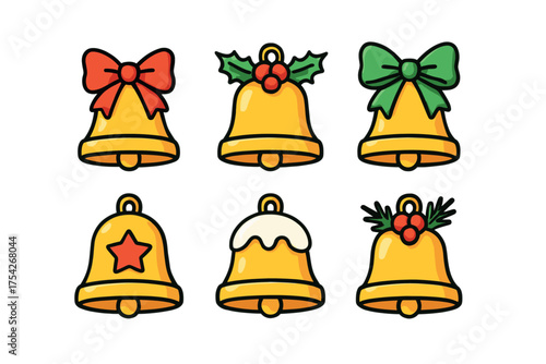 Festive holiday bells with bows and decorations for seasonal events. Set of 6 vector illustration