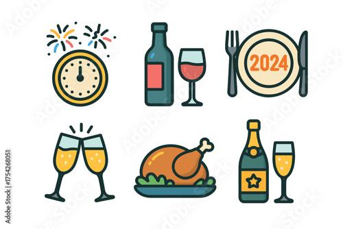 New Year celebration elements for 2024 party planning. Set of 6 vector illustration