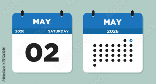 May 2 2026 (Saturday) Calendar Vector Illustration. Day calendar page with date May 02. Week Starts on Sunday. Modern Flat Calendar template icon. Checklist day calendar.