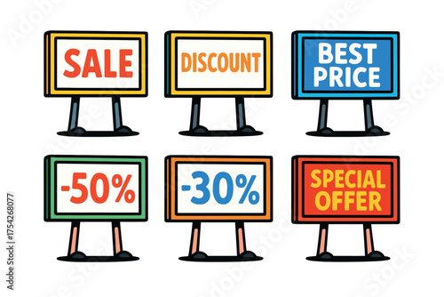 Eye catching sale signs for promotional events and discounts. Set of 6 vector illustration