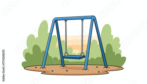 A solitary blue swing set stands empty in a park, set against a backdrop of blurred green bushes and a soft, warm sunset, evoking a sense of peaceful solitude and childhood nostalgia.