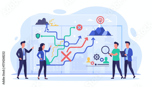 Business team strategizing and planning a path to success, overcoming obstacles and challenges with a clear roadmap, symbolizing growth and achievement towards goals.