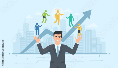 Frustrated businessman juggling diverse employees on an upward trending graph against a city skyline, symbolizing talent management, HR, human resources, and career growth challenges in a corporate