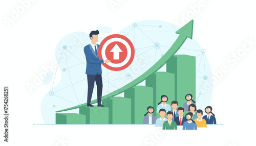 Business concept of targeting success with a leader holding a bullseye target with an upward arrow, standing on a rising bar graph, symbolizing growth and achievement, with a team of employees