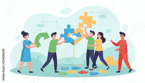 Diverse team of people collaborating to solve a puzzle, symbolizing teamwork, partnership, and shared ideas, with a handshake graphic and arrows indicating progress and connection in a business
