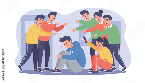 Vivid illustration depicting the painful reality of bullying, showing a distressed young man sitting alone on the floor, hunched over in sadness, while a group of peers surrounds him, pointing
