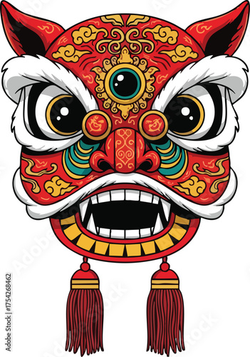 Vibrant Chinese Lion Dance Mask Illustration with Intricate Details.