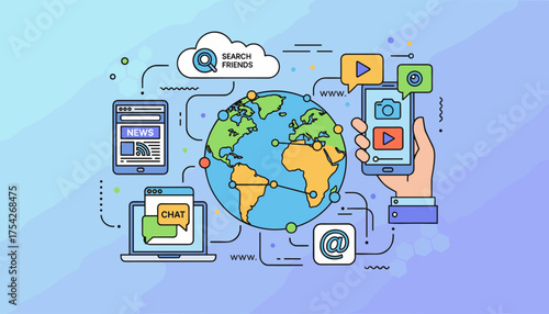 Vibrant and colorful flat illustration depicting global communication and digital connectivity, featuring a stylized Earth, smartphones displaying news and video, a laptop with chat bubbles, and