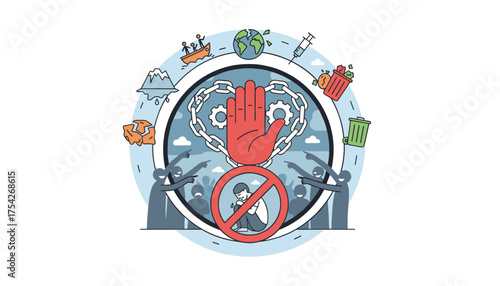 Conceptual vector illustration depicting mankind's social problems, including bullying, environmental issues, addiction, and societal challenges, symbolized by chains, a stop sign, and various icons