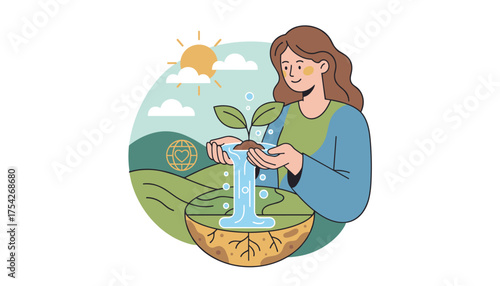 A woman tenderly nurtures a young plant, pouring water from her cupped hands onto its soil, symbolizing environmental care and the growth of nature. The scene features rolling green hills, a bright