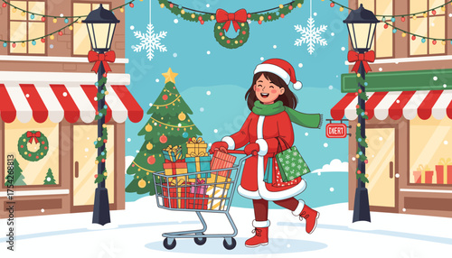 Joyful woman in Santa costume pushing a shopping cart full of gifts and carrying shopping bags down a snow-covered street lined with decorated shops and a Christmas tree, embodying the festive spirit