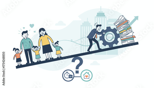 Conceptual illustration of work-life balance dilemma, showing a family on one side of a seesaw and a businessman struggling to push a gear and stack of papers on the other, symbolizing the choice