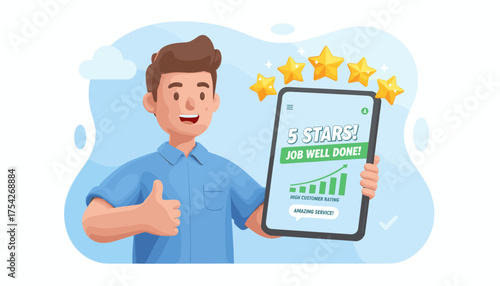 3D man with tablet showing 5 star review. Customer satisfaction, positive feedback for excellent service. High rating, quality work approval. Thumbs up for a job well done.