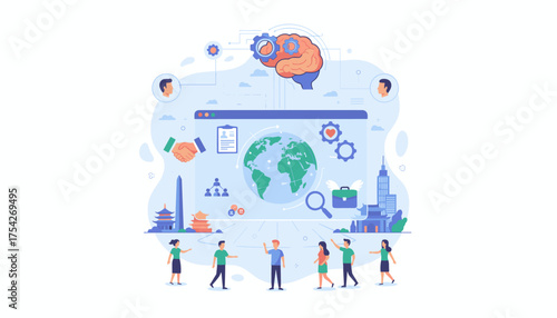 Global outsourcing concept illustration with diverse people collaborating, handshake symbolizing partnership, and a brain with gears representing human resources and technology, set against a