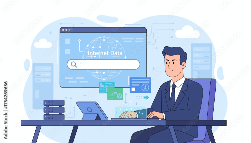 Fototapeta premium Modern Flat Illustration of a Businessman Working at a Desk, Searching Internet Data and Information on a Computer Screen with Servers and Cloud Icons in the Background, Representing Technology and