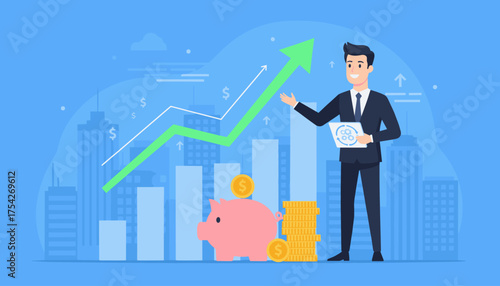 A smiling businessman in a suit stands in front of a city skyline, holding a tablet displaying gears, with a piggy bank, stacks of coins, and an upward trending green graph symbolizing financial