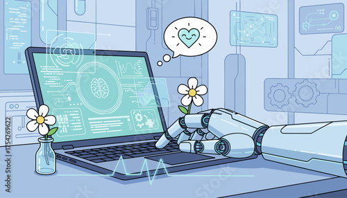 Futuristic robot hand interacting with a laptop displaying complex data analysis, brain scans, and charts, symbolizing artificial intelligence, technology, and innovation with a touch of nature and