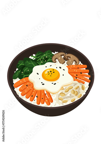 Colorful korean bibimbap bowl illustration with rice egg and vegetables