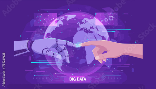 Futuristic concept of artificial intelligence and human interaction, with a robot hand and a human hand touching on the background of the Earth globe and digital data streams, symbolizing big data