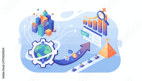 Isometric illustration of SEO concept, representing global search engine optimization strategies with a gear and earth, leading to business growth, data analysis, and market success, visualized