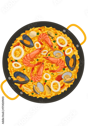 Colorful illustration of a traditional paella dish with seafood and rice
