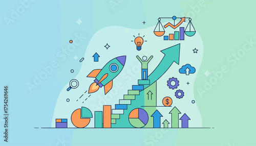 Vibrant flat design illustration depicting a successful career journey with a rocket launch, ascending stairs, growth charts, financial symbols, and a triumphant person celebrating achievement