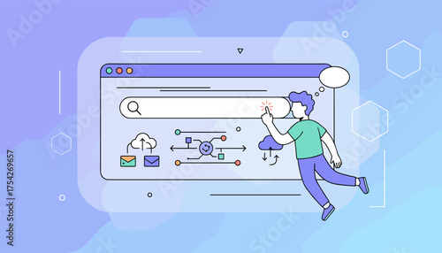 Modern flat illustration of a person interacting with a search bar on a digital interface, symbolizing online browsing, data exploration, and information retrieval, with cloud icons and network