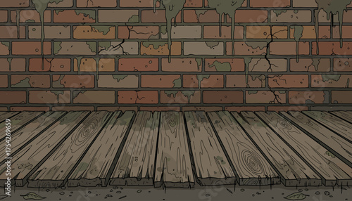 Grungy, weathered wooden planks laid on a cracked, grimy brick wall background, creating a rustic, dilapidated, and textured scene perfect for backgrounds or atmospheric elements.