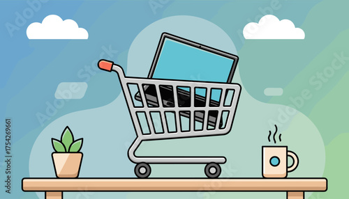Modern flat illustration of a shopping cart filled with a laptop and other electronics, placed on a desk next to a potted plant and a steaming cup of coffee, against a gradient sky with clouds