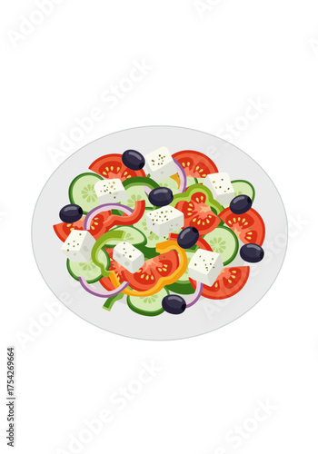 Colorful fresh salad illustration with tomatoes olives cucumber and feta cheese
