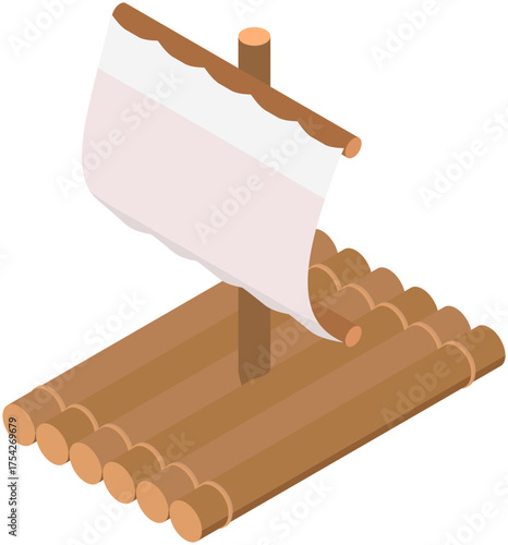 Isometric Illustration of Wooden Raft with Sail Vector