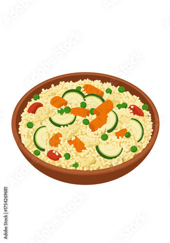 Colorful couscous salad with vegetables in bowl illustration on transparent