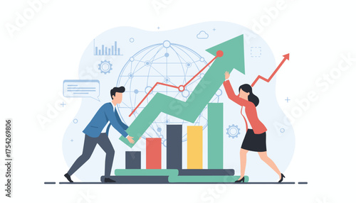 Illustrative vector graphic depicting a diverse business team collaborating to push a large green upward trending arrow, symbolizing growth and success, against a backdrop of global charts and data