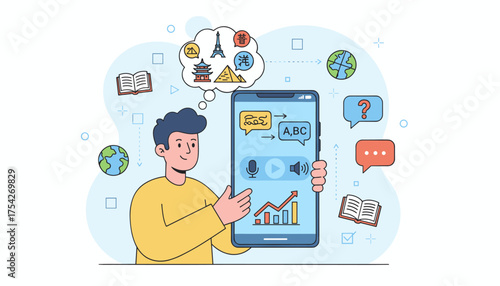 Modern flat illustration of a person using a smartphone translator app, showcasing global communication and language learning with icons of landmarks, books, and the Earth, symbolizing educational