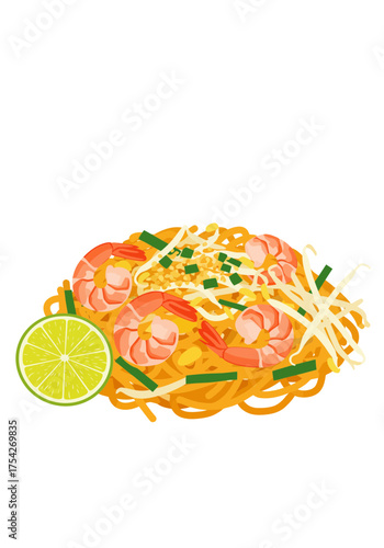 Delicious pad thai noodles dish with shrimp and lime isolated vector illustration