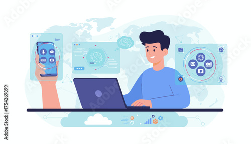 Modern flat illustration of a young man working on a laptop, interacting with a virtual AI assistant interface, with a smartphone displaying app icons and a brain icon symbolizing artificial