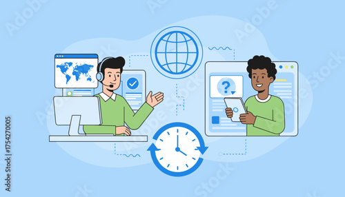 Vibrant vector illustration depicting a male customer service representative wearing a headset, seated at a computer displaying a world map, interacting with a client holding a tablet, with a clock