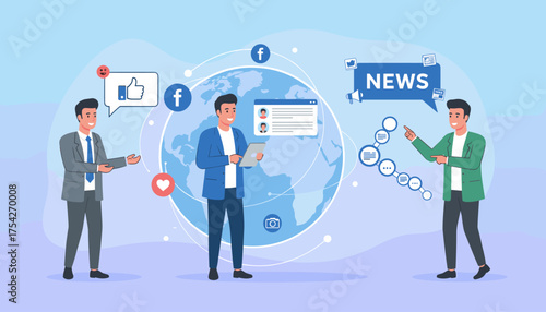 Vivid flat-style vector illustration of businessmen discussing global business strategies and social media engagement, featuring earth, communication icons, news updates, and social network symbols