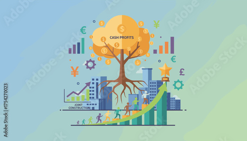 Conceptual illustration of investment management and financial growth, featuring a tree of cash profits with currency symbols, rising bar charts, a city skyline, and people climbing a green arrow
