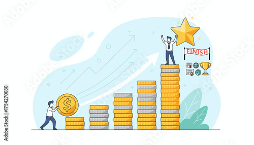 Vibrant vector illustration depicting a business concept of financial growth and success, with a person stacking coins to form a rising graph and another person celebrating at the finish line with a
