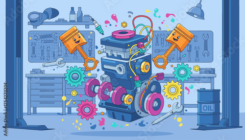 Vibrant and Colorful Cartoon Car Engine Components Displayed in a Mechanic's Workshop with Tools, Gears, and an Oil Drum, Featuring Happy Piston Characters and Splashes of Paint, Illustrating